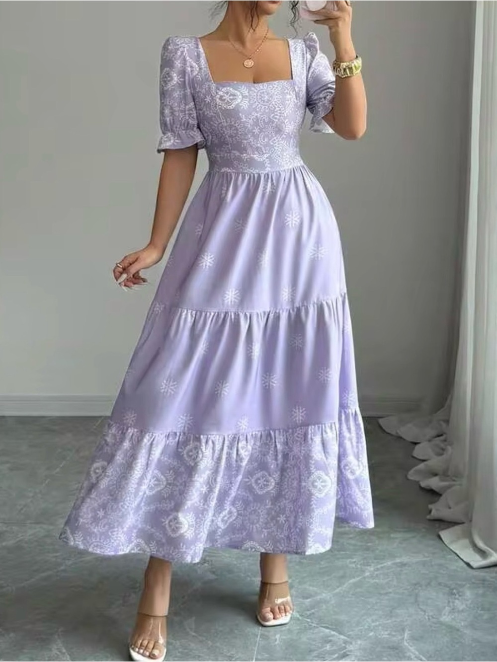 Lavender Square-Neck Tiered Dress